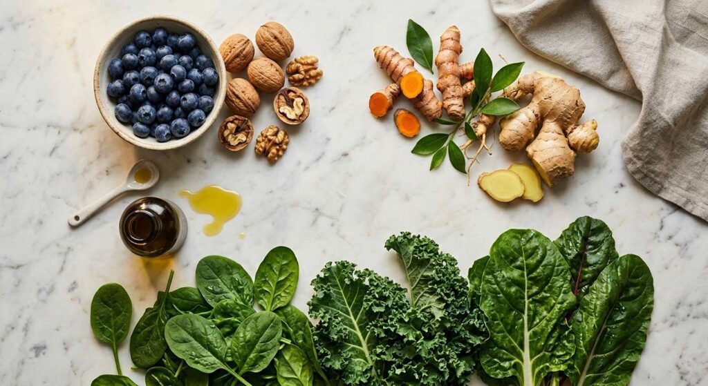 Anti-inflammatory foods for seniors including turmeric, blueberries, olive oil, walnuts, ginger, and leafy greens arranged on a marble surface