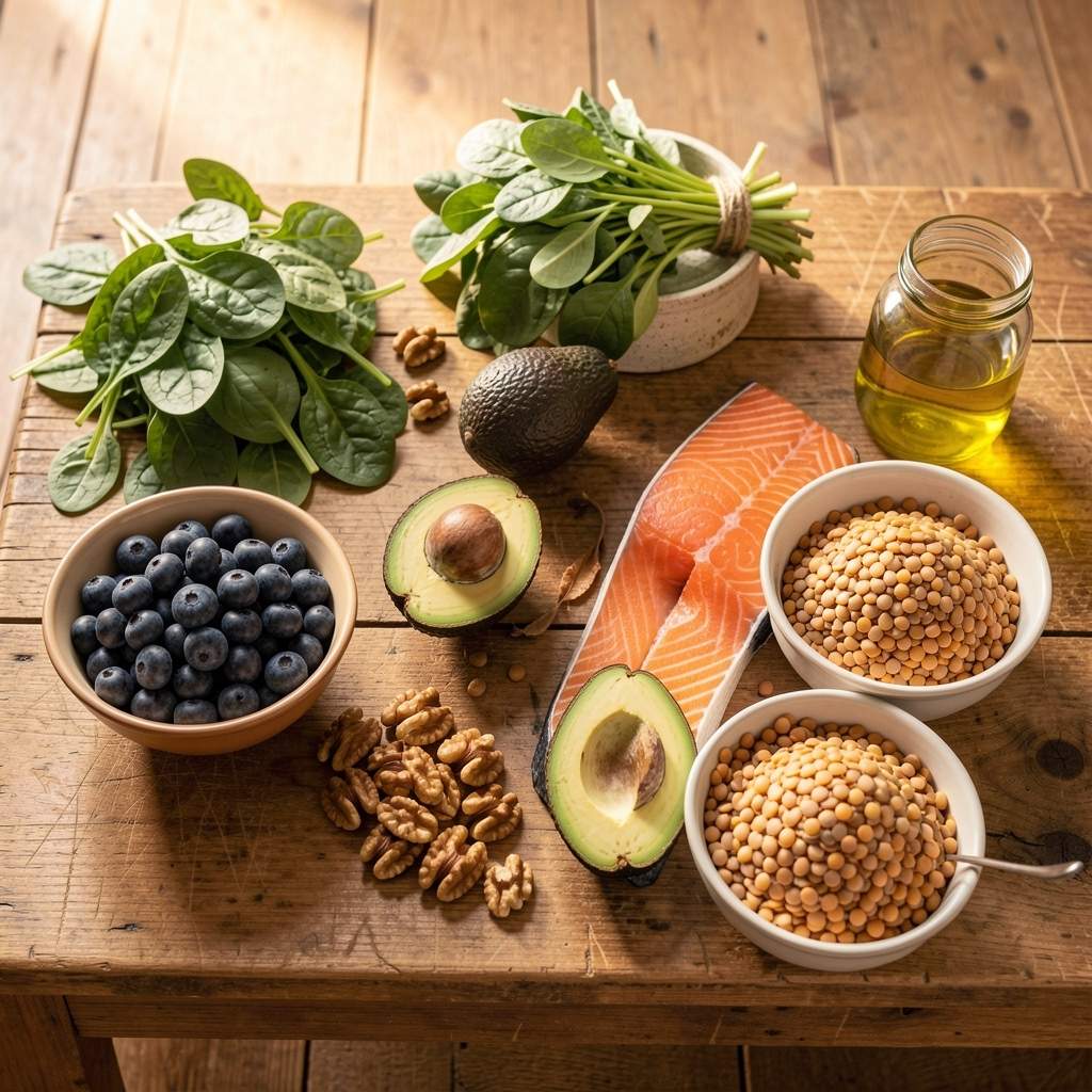 A spread of whole foods on a wooden table including salmon, blueberries, avocado, walnuts, spinach, olive oil, and lentils — a visual guide to healthy eating after 55