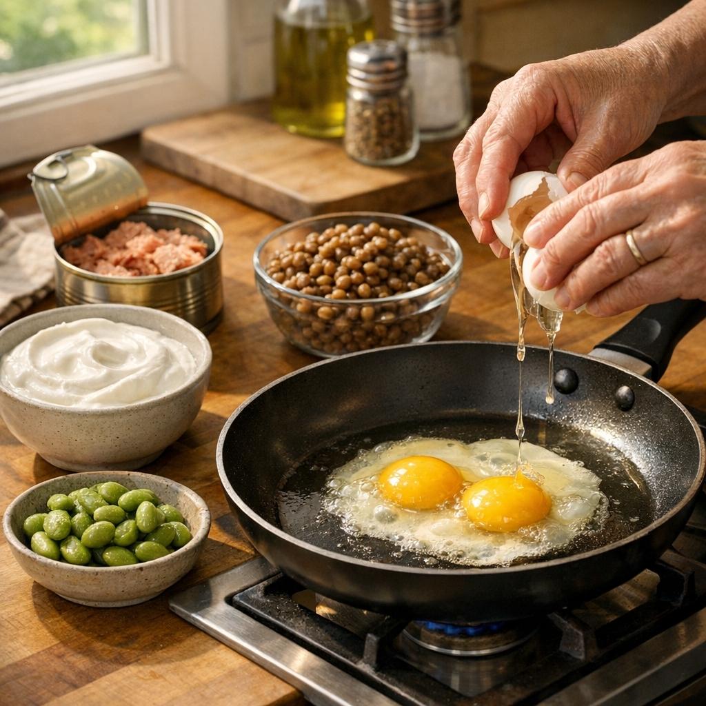 High-protein foods for seniors including eggs, Greek yogurt, canned salmon, lentils, and edamame on a kitchen counter